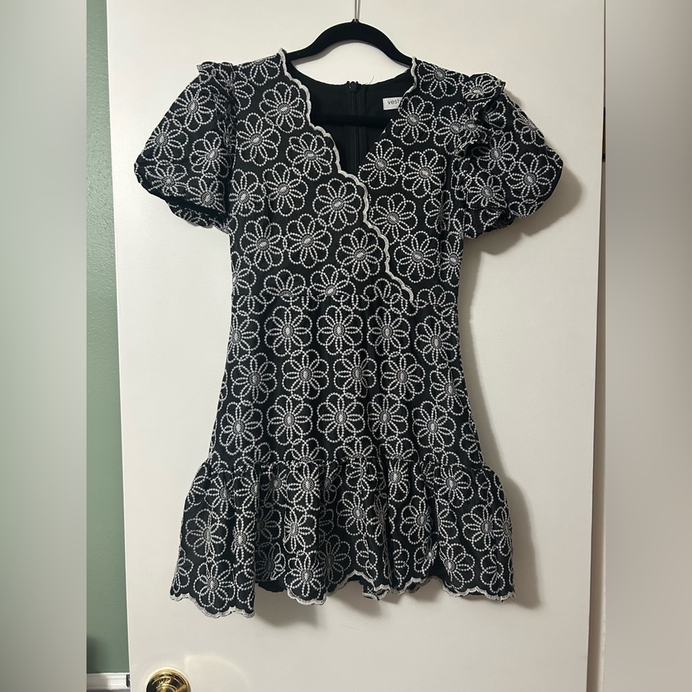 Vestique Black Dress with White Floral Embroidery